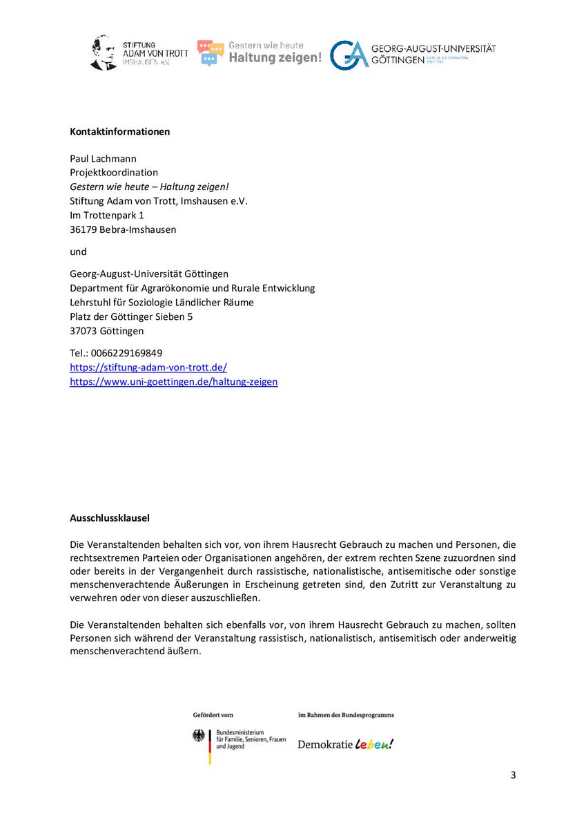 Einladung: Abschlussveranstaltung im Projekt "Gestern wie heute - Haltung zeigen!" 30.11.2022 in Imshausen, 15-20 Uhr.