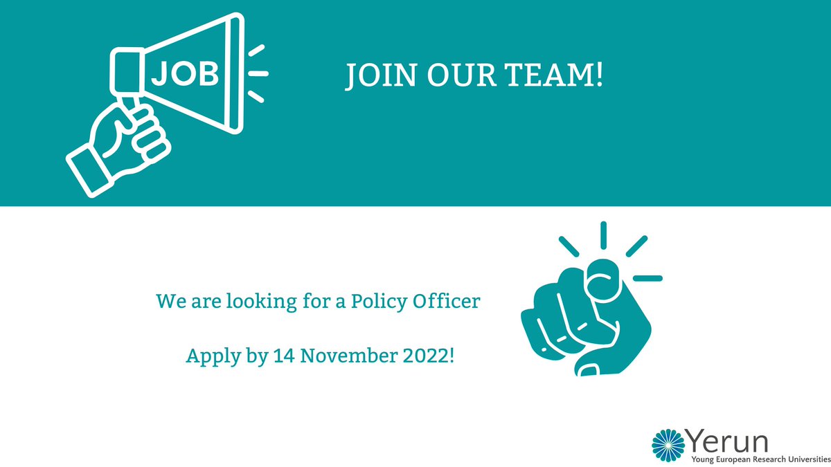 🚨YERUN is looking for a Policy Officer!

👀Do you have experience in the #Research #Innovation &amp; #Education sector? Apply but 1⃣4⃣ November!

All info here ⤵️
yerun.eu/2022/10/yerun-…
