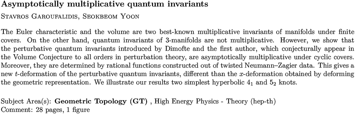 arxiv.org/abs/2211.00270…
S Garoufalidis, S Yoon
Asymptotically multiplicative quantum invariants