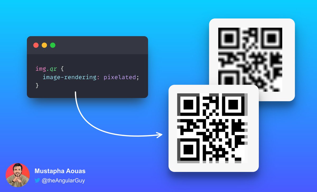 TheAngularGuy's tweet image. The image-rendering CSS property defines how the browser should render an image, in order to provide a smooth or crispy edges.

You can see below an example of a 20px base64 qrcode scaled to 200px and the same image with two different values for the image-rendering