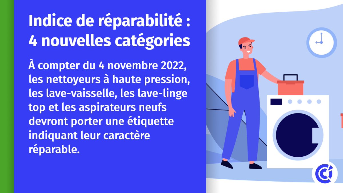 🟢 [#ConsoDurable] : Dans le cadre de la loi #AntiGaspi, l’indice de #réparabilité 🔧🔨 créé en 2021 s’étoffe de 4⃣ nouvelles catégories à partir du 4 novembre 2022. Plus d'infos 👉 bit.ly/3FAoKdC <a href="/ademe/">ADEME</a>