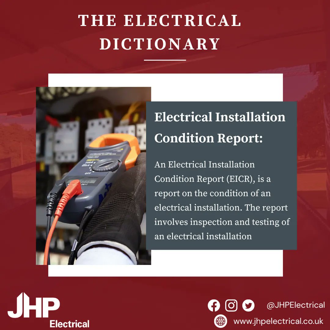 JHPElectrical's tweet image. Today we’re back with another issue of ‘The Electrical Dictionary’ and today’s term is… Electrical Installation Condition Report.

An electrical installation condition report (commonly known as an EICR) is a report on the condition of an electrical installation.

#EIRC
