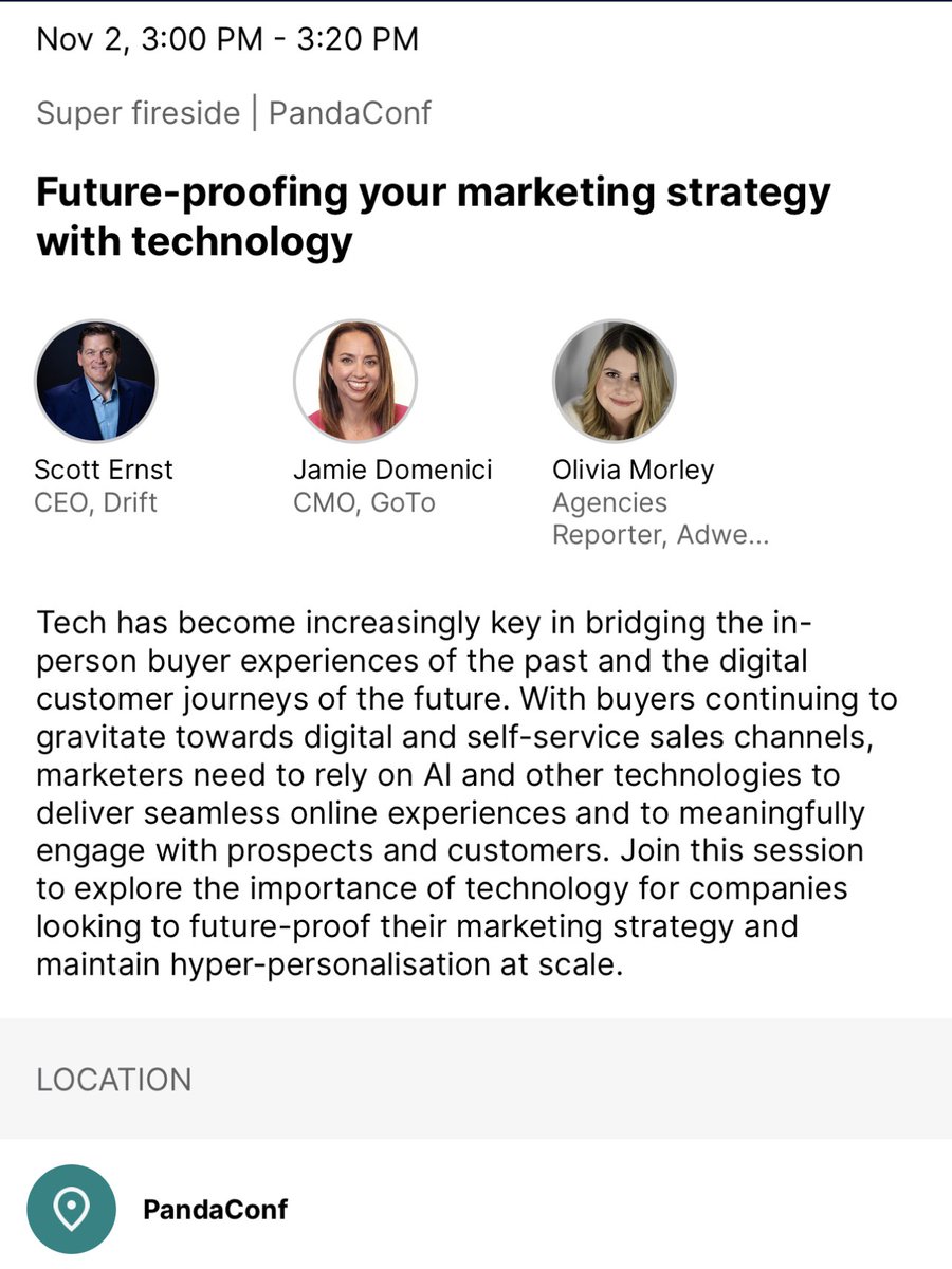 _oliviamorley's tweet photo. ✨TODAY: @scotteernst, @jcdom and I will be on the #PandaConf stage at #WebSummit2022 from 3-3:20 PM. We’ll be chatting about what tech marketers must tap into if they want to meet expectations, now and in the future. https://t.co/28q6FYG7hO