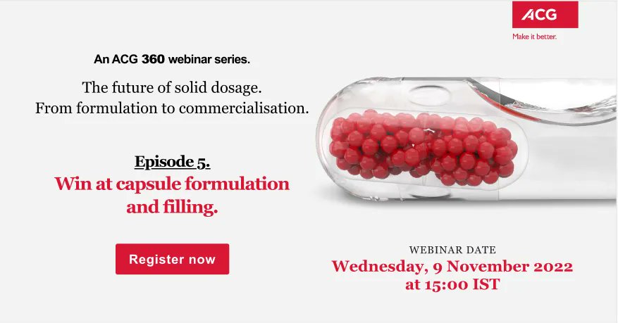 ACGWorld's tweet image. Filling hard capsules can seem reasonably straightforward. But it isn't. Join our live webinar to find out more. Register now. buff.ly/3WaanT2
#HardCapsules #CapsuleFormulation #CapsuleFilling #SolidOralDosageForm #ACG #ACGCapsules #ACG360Webinar #MakeItBetter