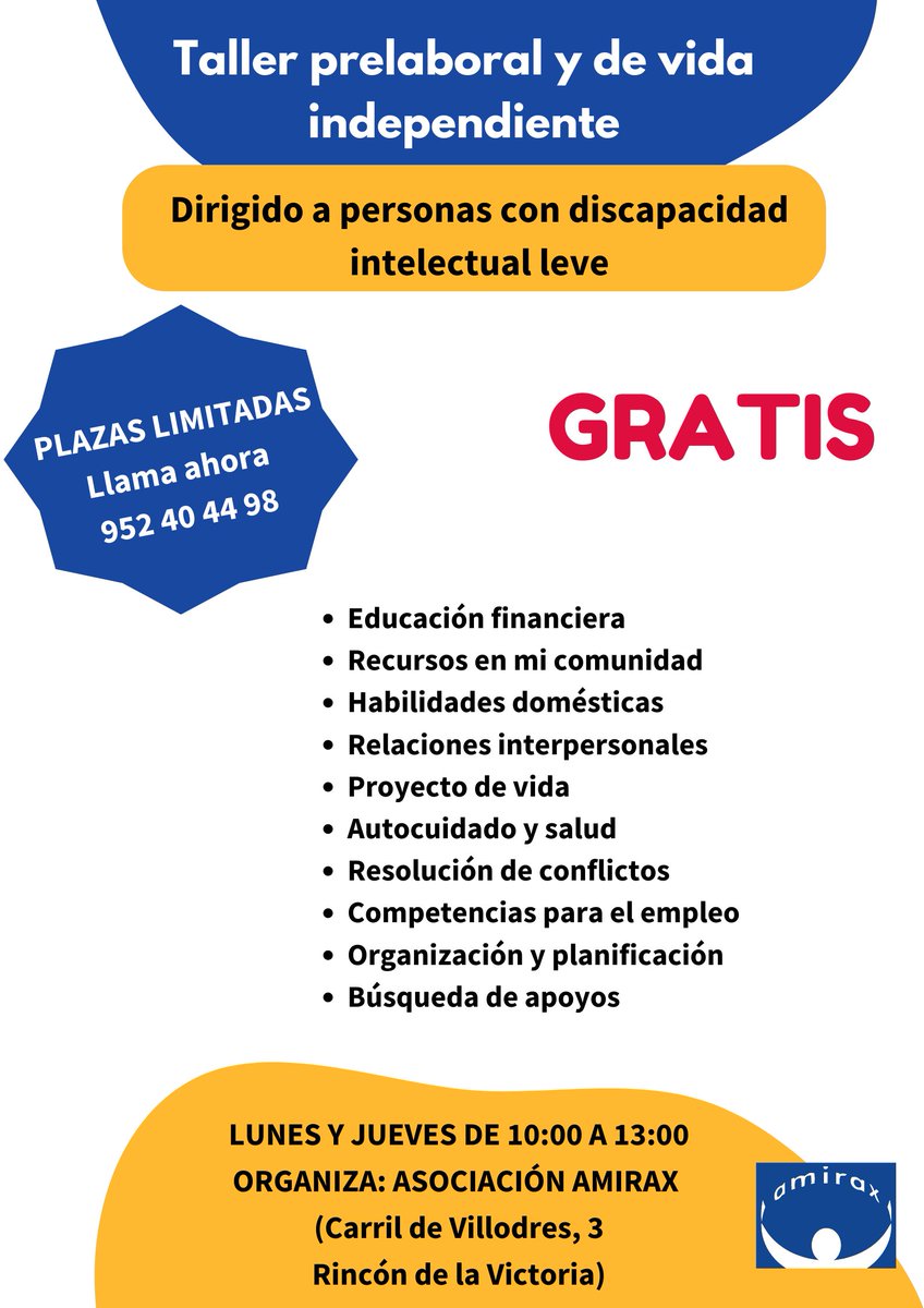 Amirax ofrece un nuevo servicio gratuito dirigido a personas con discapacidad intelectual leve. Taller prelaboral y de vida independiente. Plazas limitadas. 952 40 44 98 <a href="/Axarquiamegusta/">Axarquia MGusta</a> <a href="/correoaxarquia/">Correo dela Axarquía</a> <a href="/plenaiandalucia/">Plena Inclusión Andalucía</a> <a href="/InfoaxarquiaES/">Infoaxarquia</a> <a href="/ElRinconHabla/">El Rincón Habla</a> <a href="/AxarquiaPlus/">AxarquiaPlus</a>