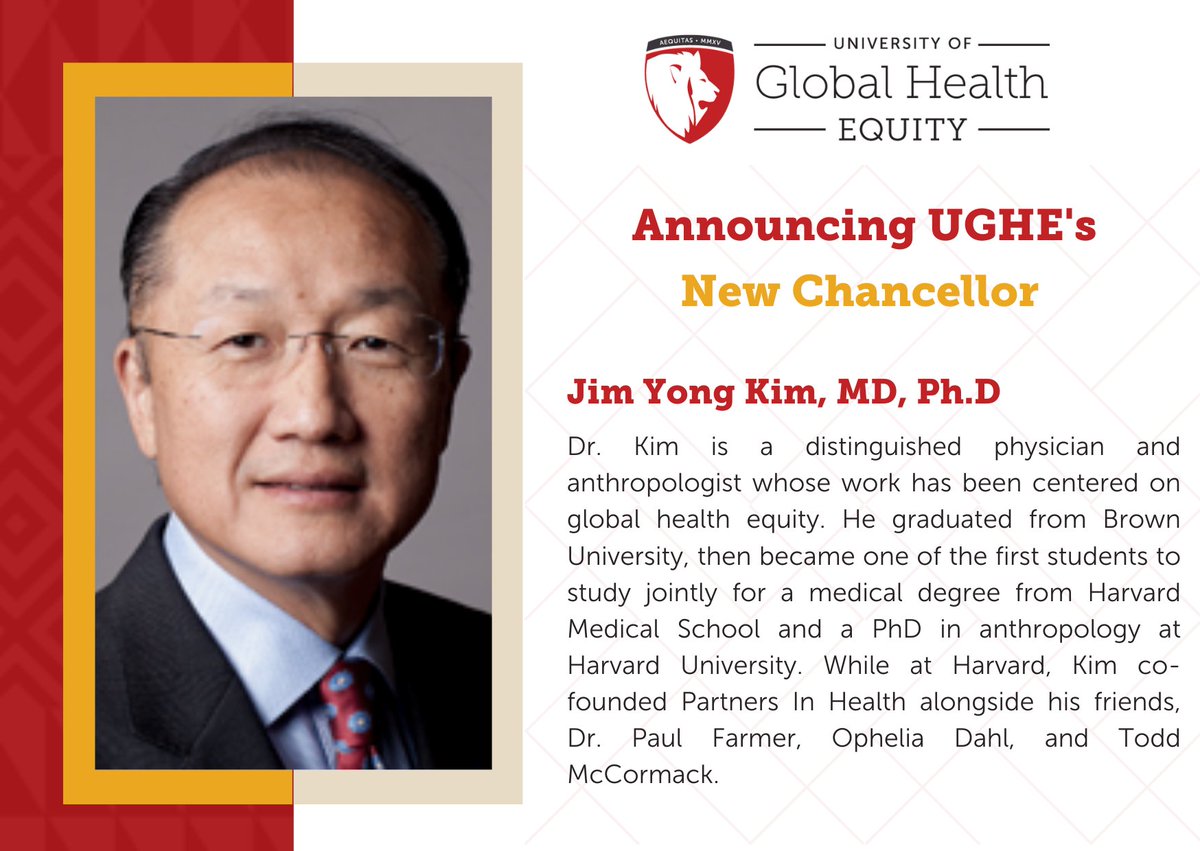 #UGHE is thrilled to announce the appointment of Dr. Jim Yong Kim, <a href="/PIH/">Partners In Health</a> Co-Founder and the 12th President of the <a href="/WorldBank/">World Bank</a> as its next Chancellor.
Read the full Press Release here: bit.ly/3FBDw3K