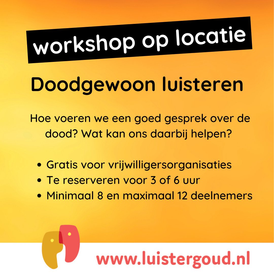 Hoe start en voer je een goed gesprek over de dood? Hierover gaat ons jaarthema 'Doodgewoon luisteren'. Vrijwilligersorganisaties in en om Rotterdam kunnen deze workshop gratis en op de eigen locatie boeken. luistergoud.nl/onsaanbod/work… #Allerzielen #pratenoverdedood #workshop