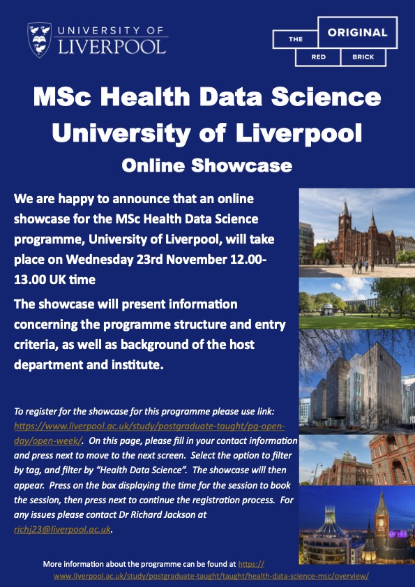 Richard Jackson (@richj23) on Twitter photo 23rd November: We’re hosting an online showcase for the MSc Health Data Science <a href="/LivUni/">University of Liverpool</a>! To register follow link below (and follow the instructions in the flyer) <a href="/LivUni_CompSci/">Comp Sci, Liverpool</a>
<a href="/livuniHLS/">Faculty of Health and Life Sciences</a> <a href="/livuni_eeecs/">LivUni School EEECS</a> <a href="/LivUni/">University of Liverpool</a> @livunimaths <a href="/livuninews/">University of Liverpool News</a> @RuKGEDona liverpool.ac.uk/study/postgrad… 23rd November: We’re hosting an online showcase for the MSc Health Data Science <a href="/LivUni/">University of Liverpool</a>! To register follow link below (and follow the instructions in the flyer) <a href="/LivUni_CompSci/">Comp Sci, Liverpool</a>
<a href="/livuniHLS/">Faculty of Health and Life Sciences</a> <a href="/livuni_eeecs/">LivUni School EEECS</a> <a href="/LivUni/">University of Liverpool</a> @livunimaths <a href="/livuninews/">University of Liverpool News</a> @RuKGEDona liverpool.ac.uk/study/postgrad…