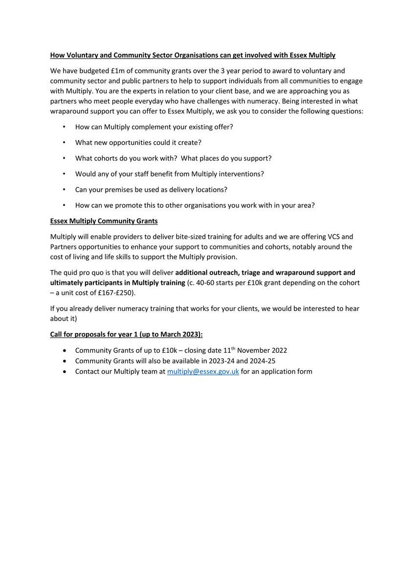 Essex Multiply - At the end of June, <a href="/Essex_CC/">Essex County Council</a>  submitted its Multiply investment plan – emphasising applying Maths to real life
situations. #Essex was awarded a £7.9m Multiply #Grant agreed and the First Year allocation is £2.4m. #funding