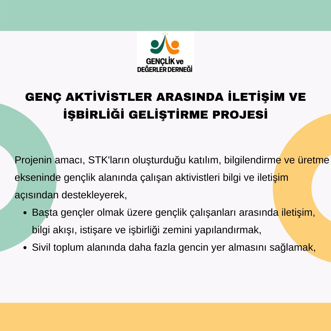 VeDegerler's tweet photo. GENÇ AKTİVİSTLER ARASINDA İLETİŞİM VE İŞBİRLİĞİ GELİŞTİRME PROJESİ
STK’lar gençlere güvenli sosyal ortamlar oluşturmanın yanı sıra eğitim, kültür, sağlık, spor, sosyal yardım, sanat ve daha birçok alanda üretme, bilgilenme ve katılım gösterme imkanı sağlamaktadır. https://t.co/uw3Ij3f9MR