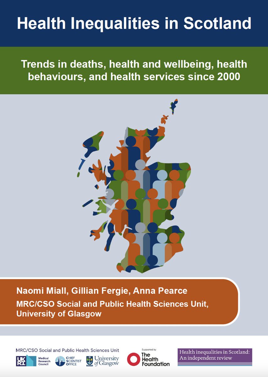 Our report on trends in health inequalities in Scotland is now available. It reviews evidence on deaths, health and wellbeing, health behaviours, and health services since 2000. 

👉gla.ac.uk/healthinequali… 

Thread ⬇️(1/5) #HealthInequalitiesScotland