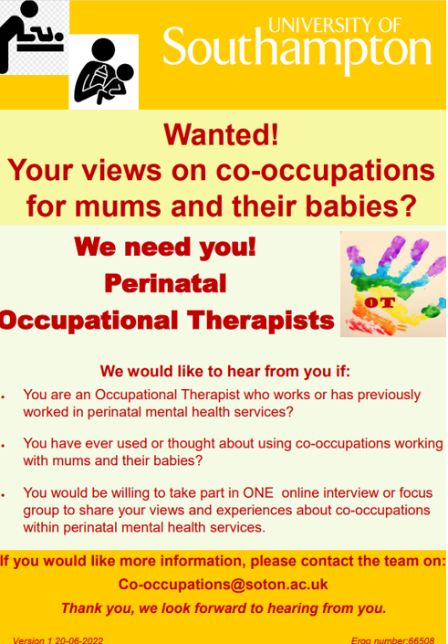 CoOccupations's tweet photo. Calling all perinatal OT's. Please consider participating in this research to help us better understand how OT's are using co-occupations in practice. #perinatalot #perinatal #OccupationalTherapy https://t.co/JaEguXOHiz