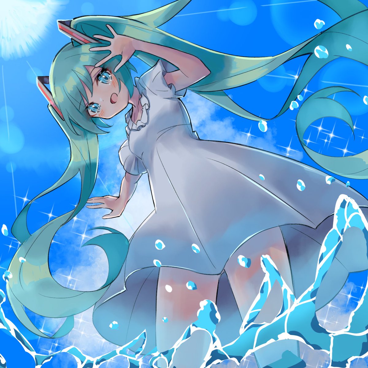 hatsune miku 1girl solo dress long hair twintails white dress very long hair  illustration images