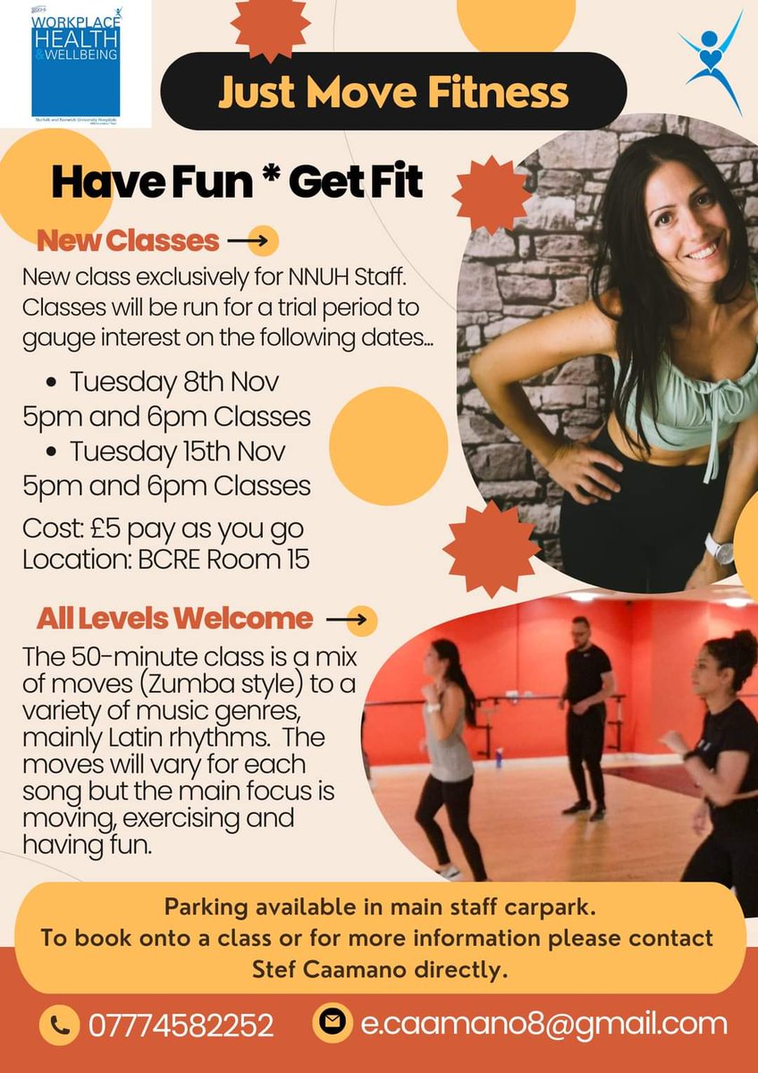 Just Move Fitness Classes for <a href="/nnuh/">Norfolk and Norwich University Hospitals</a> staff.
UPDATE - Extra 6-7pm Taster Classes added due to demand.
Free parking available 
These classes are just being run on a trail period to gauge interest. If would like to attend, please contact Stef Caamano directly.