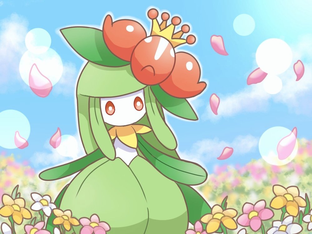 gardevoir ,kirlia pokemon (creature) smile petals open mouth standing own hands together grass  illustration images