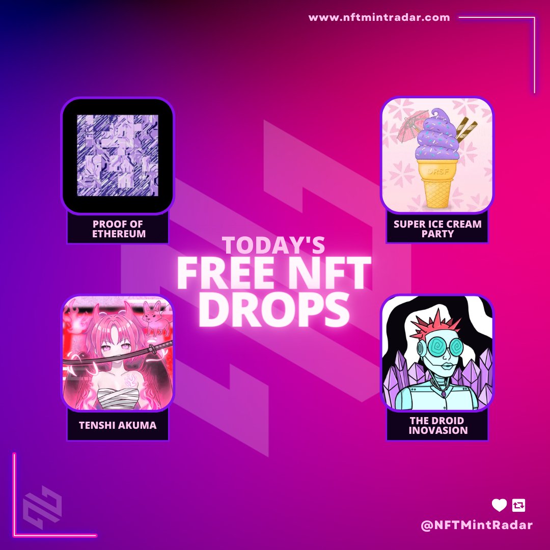 🔥 Daily Free NFT Mints 🔥

🗓️2nd November

#EthereumNFT
🆓<a href="/ProofEthereum/">Proof Of Ethereum</a> 
🆓<a href="/IceCreamsNFT/">Super Ice Cream Party</a> 
🆓<a href="/TenshiAkumaNFT/">Tenshi Akuma | SOLD OUT</a> 
🆓@DroidInvasion_ 

#NFTs #FreeMint #NFTCommunity #FreeMintNFT #ETH

You Can Check Details in Here⬇️
nftmintradar.com/free-nft-mints