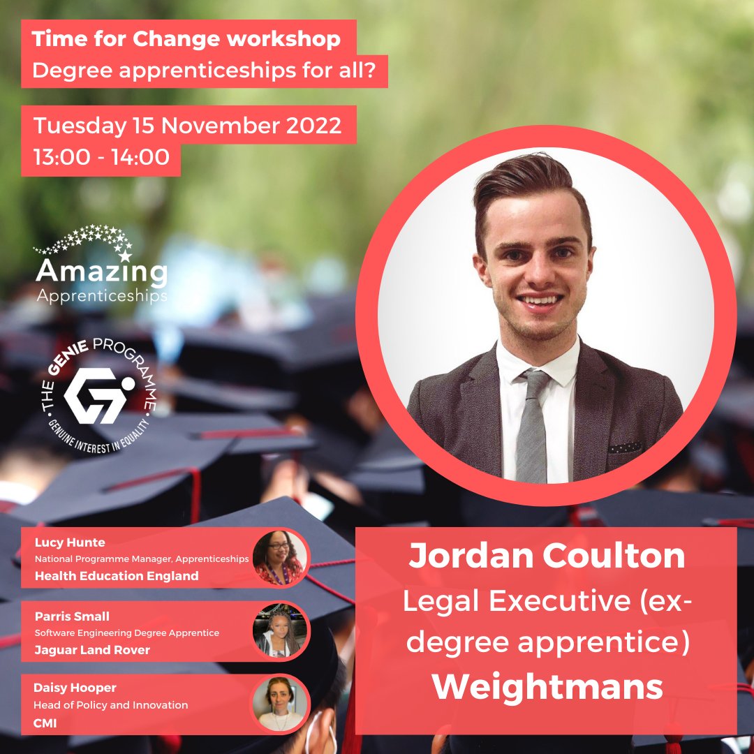 Genie_Programme's tweet photo. Jordan Coulton will be talking at '#TimeforChange - #degreeapprenticeships for all' on Tuesday 15th Nov.
.
As the first higher #legalapprentice in England Jordan will talk about his journey and offer insight into his career to date.
Join us - https://t.co/rhpejpRcvb
@Weightmans https://t.co/aKdnN53De0