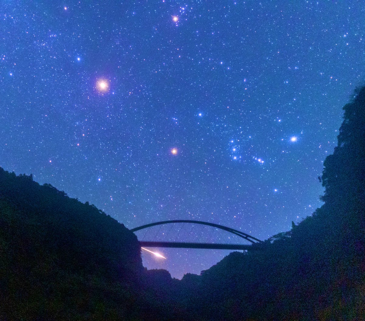 umideasobu's tweet photo. 2週間前に撮ったオリオン座流星群中の火球。MacBookクラッシュで粗々しい画像ですがデータを眠らすのは勿体ないのでこのままupします。
#MacBook叩きまくった
#オリオン座流星群　#隕石　#火球
#ファインダー越しの私の世界 https://t.co/fZrGvywFqL