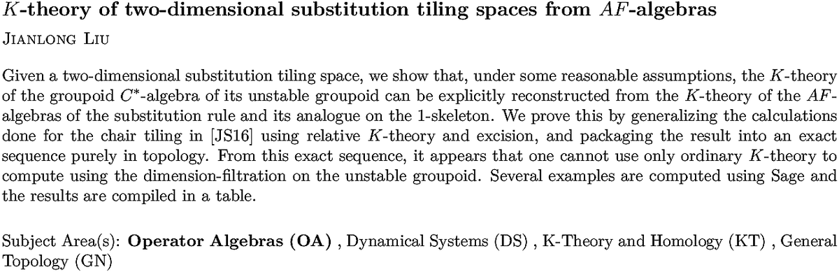 arxiv.org/abs/2211.00580…
J Liu
$K$-theory of two-dimensional substitution tiling spaces from
  $AF$-algebras