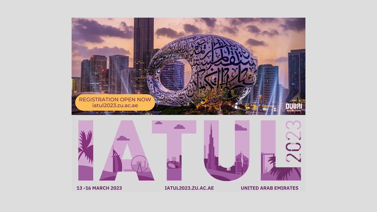 We invite you to submit proposals for papers, posters and workshops for the #IATUL2023 #conference, which will be taking place in person at <a href="/Zayed_U/">جامعة زايد</a> and <a href="/AUSharjah/">American University of Sharjah</a> in the #UAE from the 13 – 16 March 2023.

FMI: bit.ly/3sO5zFC
#CallForPapers #LibrariesPushingBoundaries