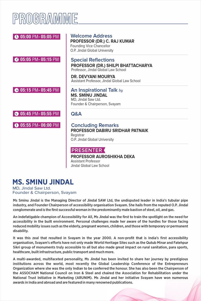 JindalGlobalUNI's tweet photo. Inspirational Talk by Ms. @SminuJindal, MD, 
@Jindal_SAW and Founder &amp; Chairperson, @SvayamIndia on Thursday, 3 November 2022 from 5:00 pm to 6:00 pm at #JGU.
Join us LIVE 5pm onwards on: https://t.co/GKXH6KvNrF https://t.co/WJfbOZKIj5