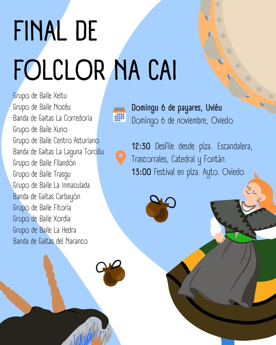 El domingu qu'entra vamos despidir la temporada de "Folclor na cai" programa qu'entama l'ayuntamientu d'Uviéu y al que-y damos les gracies fonderes por convidamos.
Vamos facelo na plaza l'ayuntamientu xunto con tolos grupos de baille y bandes de gaites participantes.
¡Va prestar!