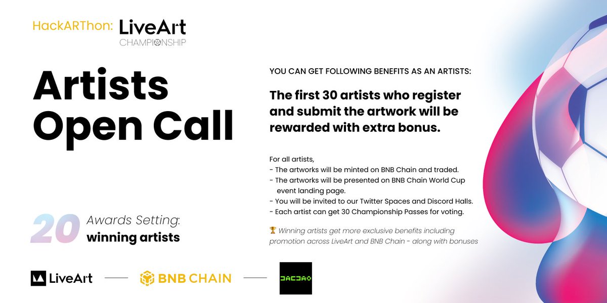 <a href="/0xdacdao/">DACDAO</a> X <a href="/LiveArtX/">LiveArt</a>
LiveArt Championship Artist Open Call!
 
⏰ Register and artwork submission: Oct 17th - Nov 6th
#ChampionshipOnBNBChain #digitalart #LiveArt
 
🔗 Register: forms.gle/JNxof9Hek4mKN2…
ℹ️ Details: medium.com/@LiveArt/youre…