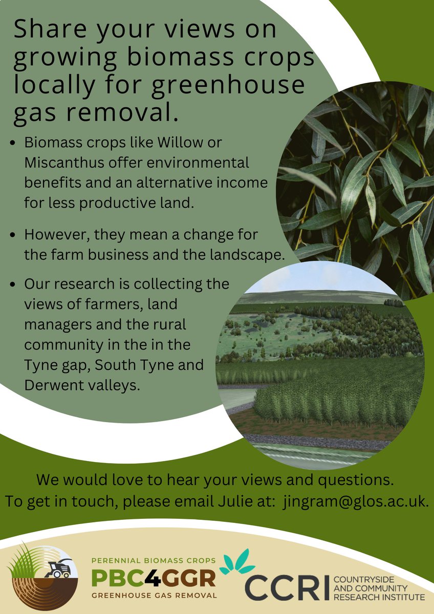 What are the impacts of growing #Miscanthus or #Willow for GHG removal?🌱🏭

If you're from the #NorthEast📍Tyne Gap, South Tyne & Derwent Valley📍a #Farmer #LandManager or community resident pls share your views👥

📧jingram@glos.ac.uk or DM
#ClimateAction #BackBritishFarmingDay