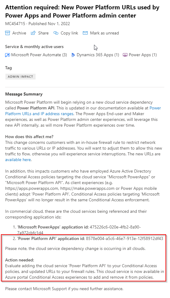 michalsacewicz's tweet photo. Interesting message in the Message Center if you're using Conditional Access policies for #PowerPlatform. Can anyone see the new Power Platform API app in Azure though? I can't. https://t.co/U4msxo83wl