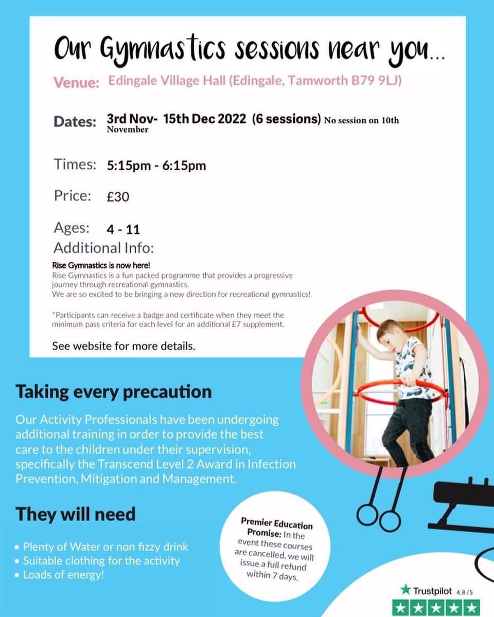 Edingale Gymnastics starts TOMORROW!!! Don’t forget to book your place. Only FOUR spaces remaining. 

To book:
premier-education.com/parents/venue/…

#Tamworth #Edingale #Gymnastics