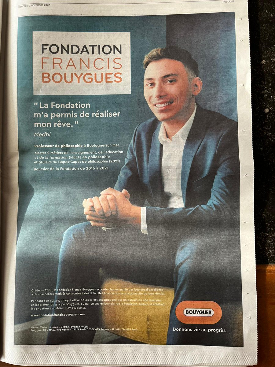 Cna_Navarro's tweet photo. Medhi incarne la #FondationFrancisBouygues dans la presse quotidienne régionale. Ancien boursier d’excellence de la Fondation, il a réalisé son rêve, il est professeur de philosophie à Boulogne-sur-Mer. #etudes_sup #bourses_excellence #égalité_des_chances #mécénat #RSE https://t.co/OdxDcdHJHD