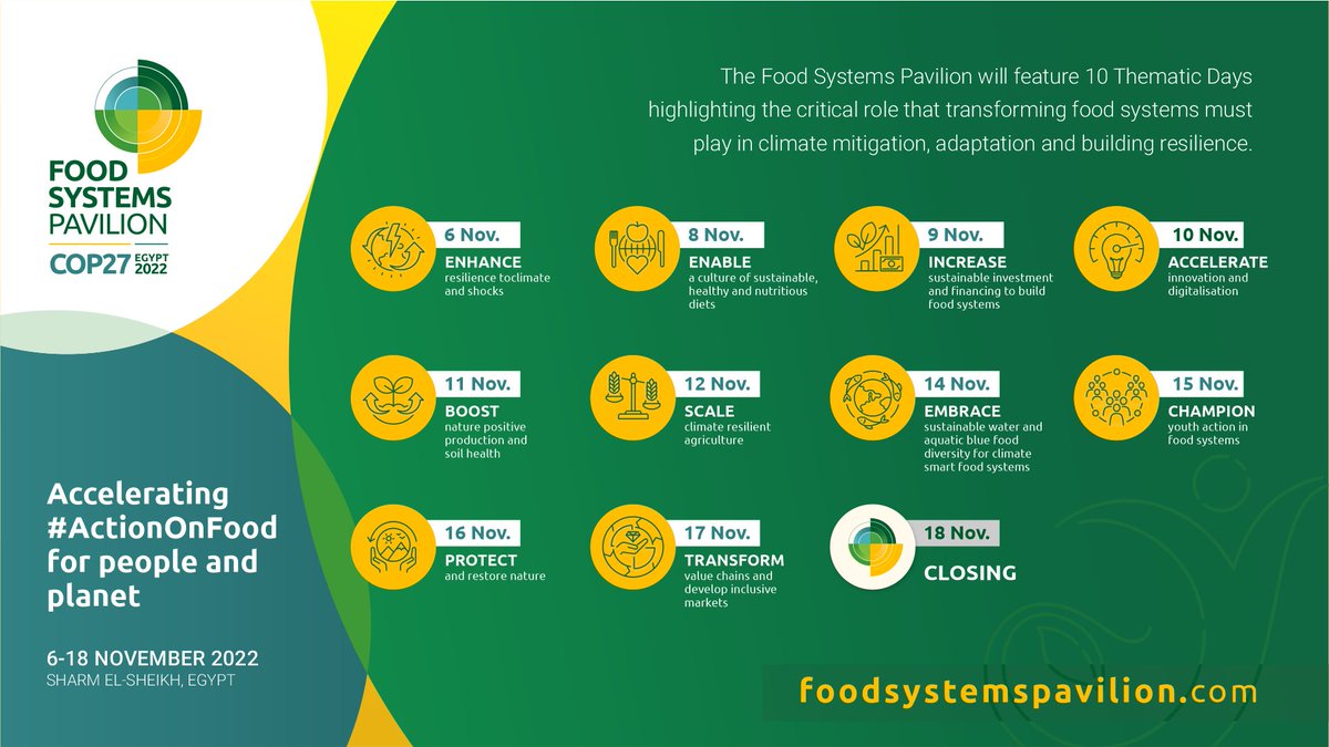 ⏰ 3 days to go until we start conversations on accelerating #ActionOnFood for people &amp; planet at #COP27. 

Check the #FoodSystems Pavilion program to join the conversations about the role of transforming #FoodSystems in climate mitigation &amp; adaptation.

👉foodsystemspavilion.com