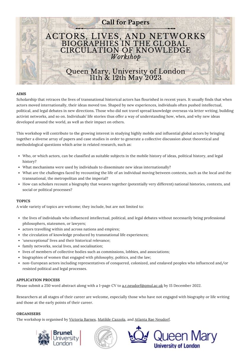 Call for Papers 📢
Actors, Lives, and Networks: Biographies in the Global Circulation of Knowledge
Workshop at QMUL, 11-12 May 2023