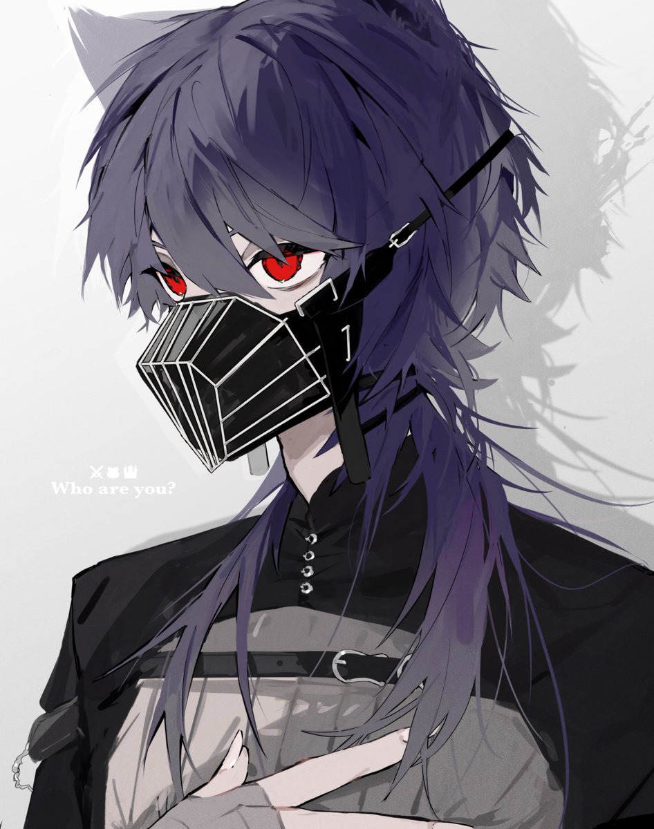 red eyes solo mask animal ears long hair jacket upper body  illustration images