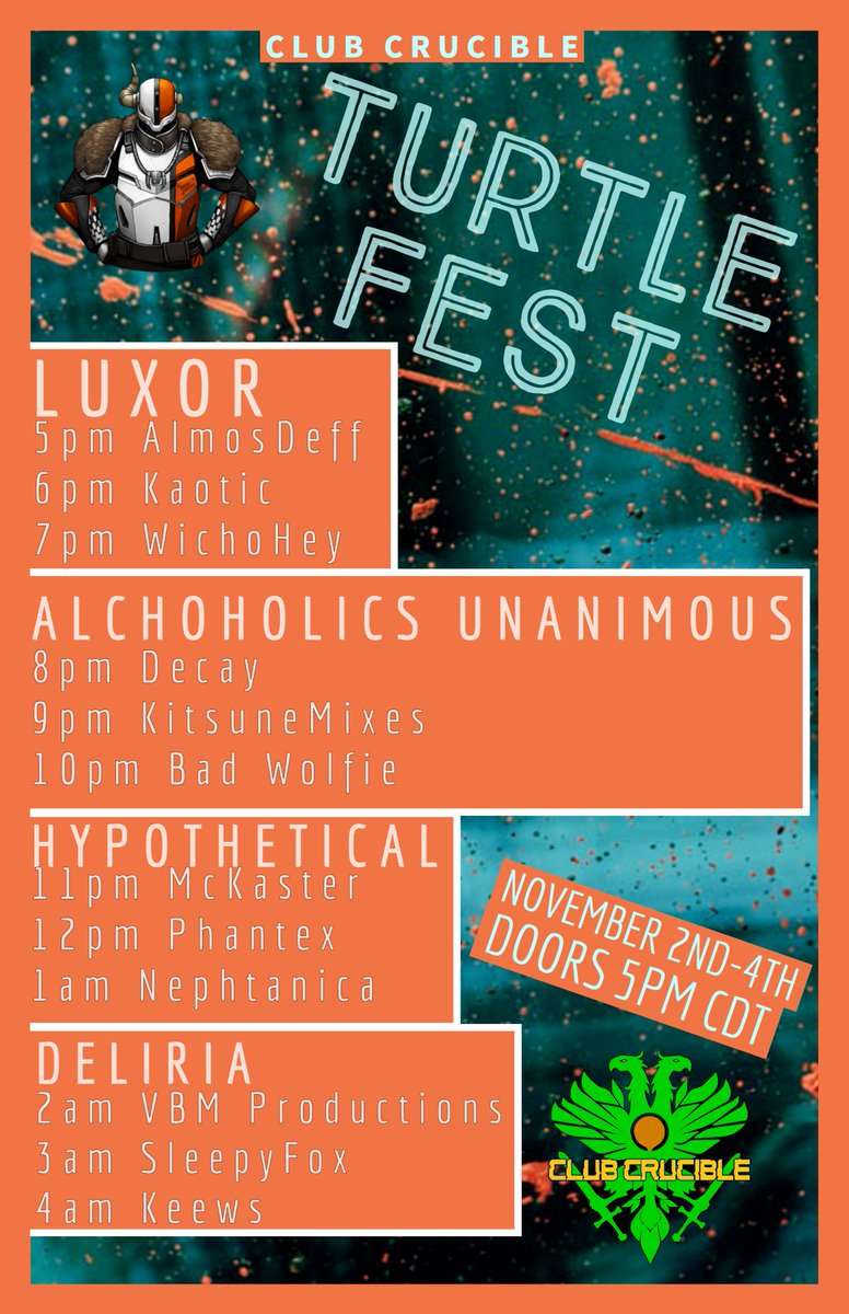 Club__AU's tweet image. Club Crucible's
TURTLE FEST IS BACK!
DAY 1!
Club list for tonight!
LUXOR
@Club__AU 
@HypotheticalVRC 
Deliria
All live and wild at @VRUnderground tonight!

Tons of DJ's! Tons of friends!
Check out the link for more info!
discord.gg/RTqEvQQX?event…