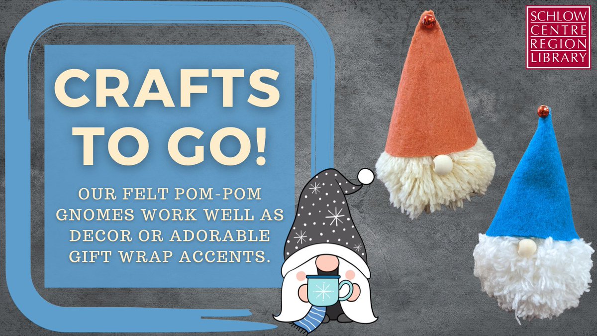 SchlowLibrary's tweet photo. #CheckOut our #GnomeVember #CraftsToGo project for adults & teens: These #PomPomGnomes are adorable decor or gift wrap accents! Visit https://t.co/Narai3q0gO for details on how to reserve your #C2GKit to take home, make and enjoy. We’d LOVE to see yours when its done! https://t.co/viPBs2PsDU