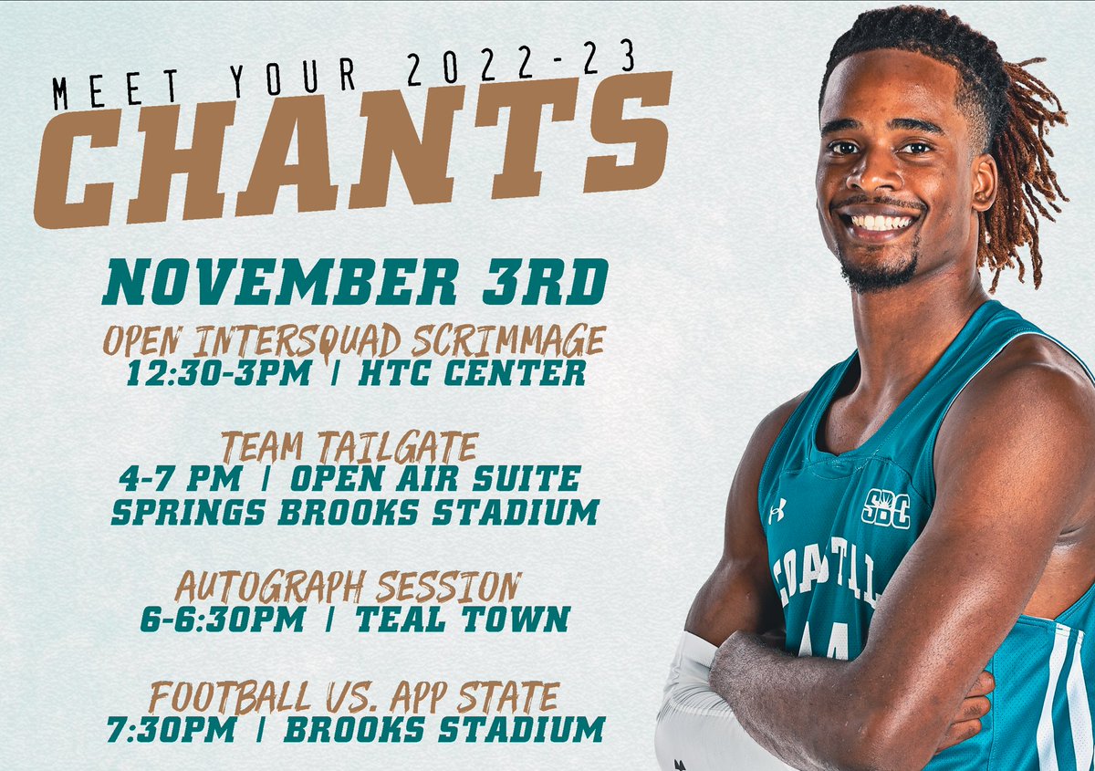 🚨Tomorrow 🚨
Come meet your 22-23 Chanticleer Basketball squad‼️
Open Scrimmage at the HTC Center 12:30-3:00 🏀
Tailgate in the open air patio at the Baseball Stadium 4:00-7:00

Autograph session in TealTown 6:00-6:30 ✍️

<a href="/CoastalFootball/">Coastal Football</a> takes on App St at 7:30 🏈