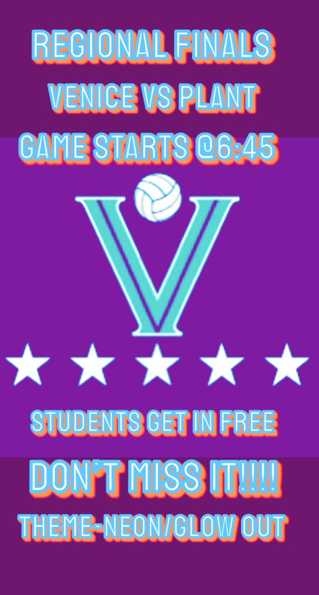 💚HOME GAME STARTS AT 6:45💚
💥VENICE VS PLANT💥
💯REGIONAL FINALS💯
⚠️STUDENTS GET IN FREE⚠️
‼️DONT MISS THIS GAME‼️
⭐️THEME-NEON//GLOW OUT⭐️<a href="/VJPortell/">Vinnie Portell</a> <a href="/VHSIndianSports/">Venice HS Athletics</a> <a href="/CityofVeniceFL/">City of Venice, FL</a> <a href="/VHSIndianSports/">Venice HS Athletics</a> <a href="/VHSVolleyball/">Coach Brian Wheatley</a>