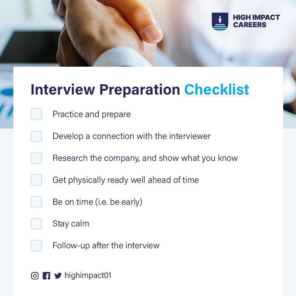 HighImpactCV's tweet image. Preparation is the first essential step towards conducting a successful interview. The better prepared you are, the more confident you&apos;ll be. 

First impressions count during interviews, do well to put your best foot forward always.
#interviewchecklist #highimpactcareers