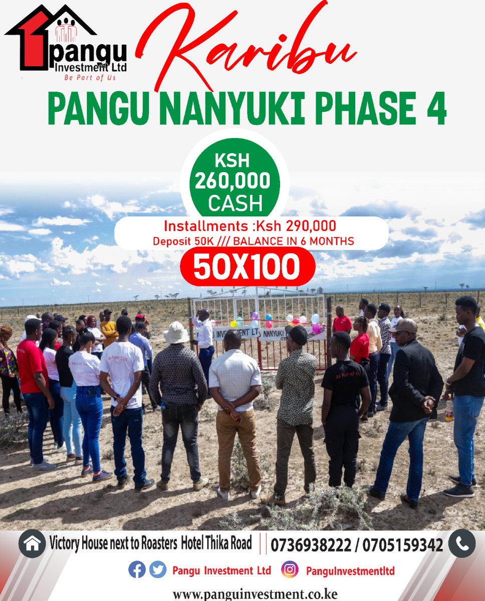 LtdPangu's tweet photo. KARIBU!
 The Pangu Nanyuki Phase 4 .

Anyone who has not booked,
Visit our website today at https://t.co/WEwui9twOs 

Talk to us today.
 For more information 0705159342/ +254 736 938222
 #newproject  #valueaddition #plotsforsale #newphase #newplots #affordableplots #plotsunder1M https://t.co/VDJ4OHaeEy