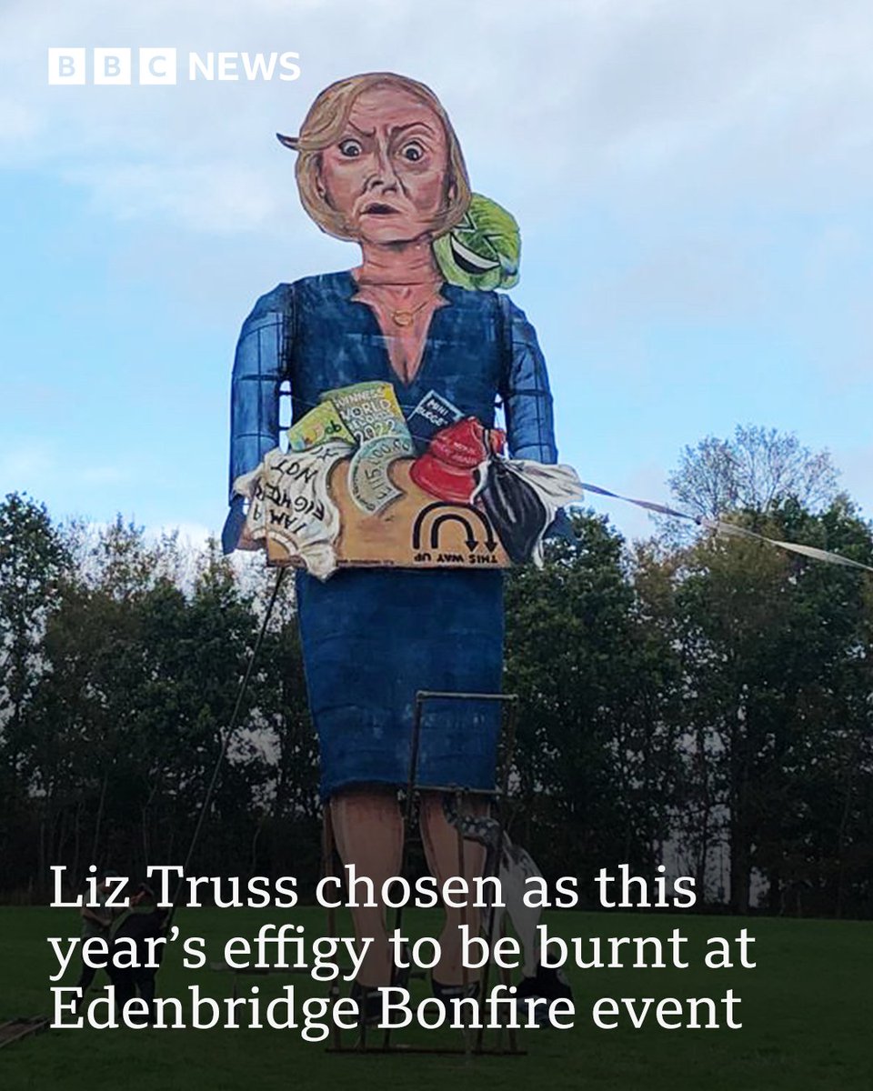 bbcsoutheast's tweet image. Liz Truss has been unveiled as this year's Guy to be burned at Edenbridge Bonfire Society's celebrations. The 11-metre effigy will go up in flames alongside an effigy of Guy Fawkes on Saturday 5th November.