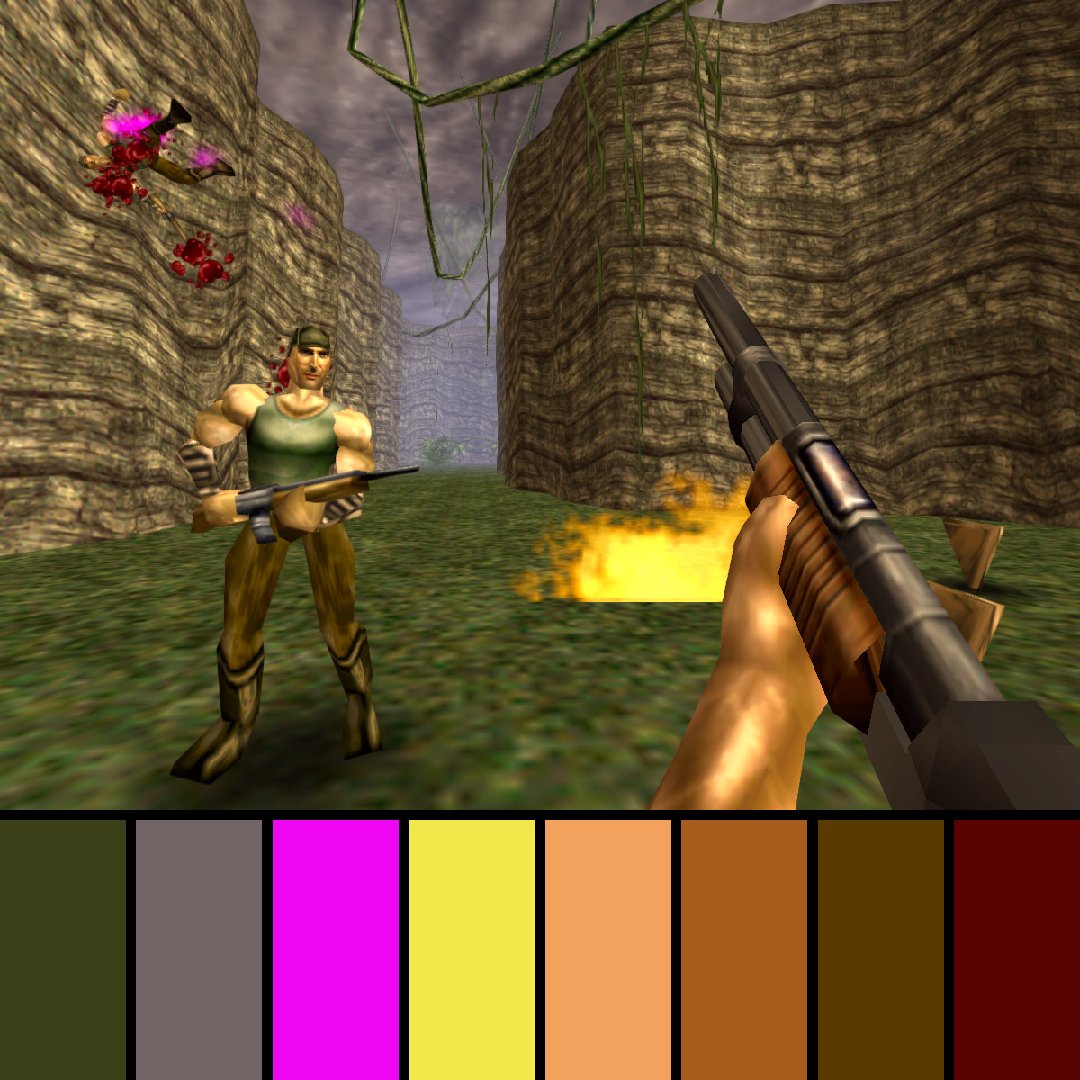 GameColors2's tweet photo. Turok: Dinosaur Hunter (1997) by Iguana Entertainment.

#turok #iguanaentertainment #acclaimentertainment #steam #n64 #nintendo64 #colors #colorpalette #gaming #turokdinosaurhunter #turok2 #dinosaur #hunter #remaster #iguana #acclaim #retrogaming #retro https://t.co/eK8qEzYsuX