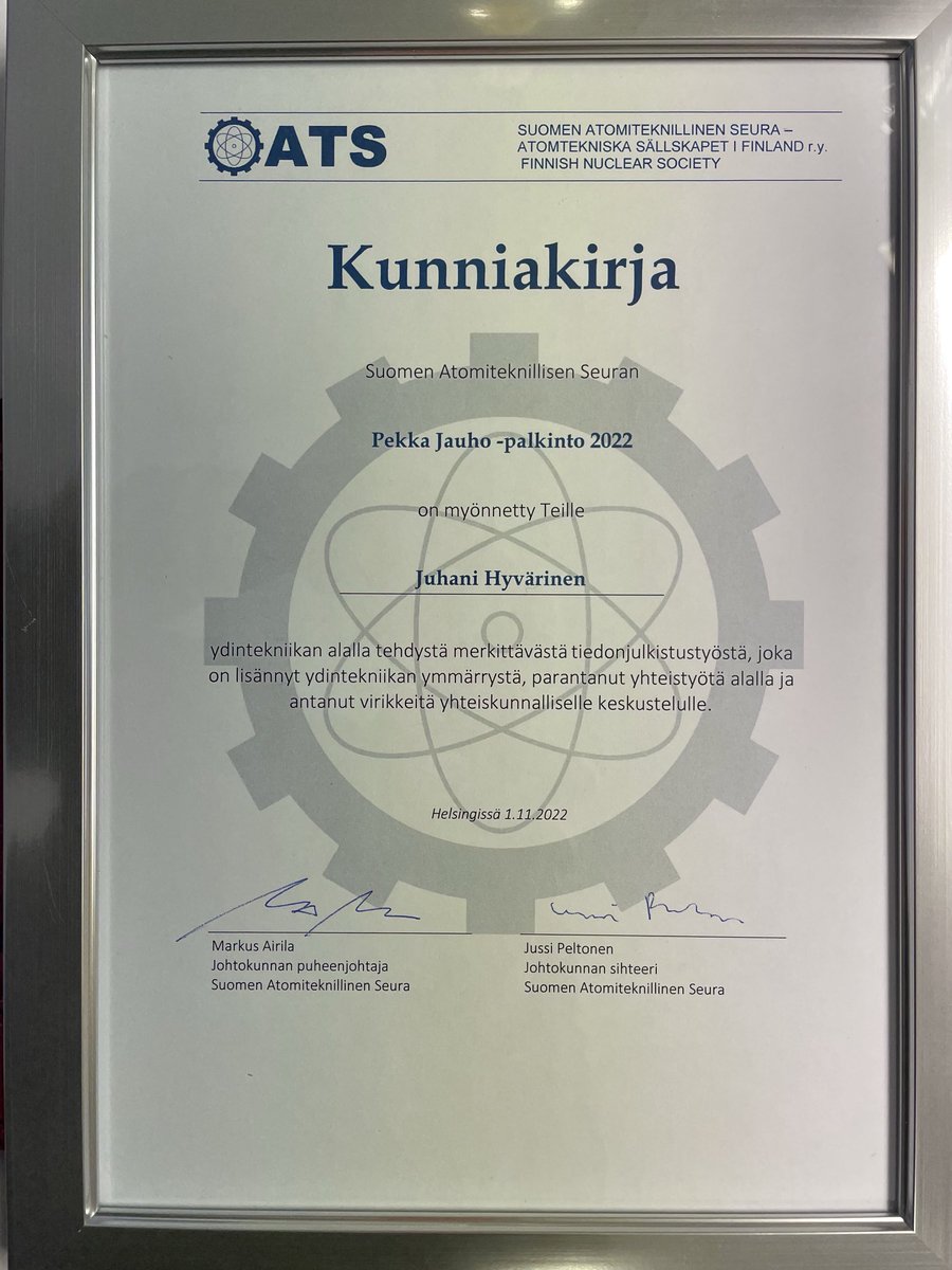 Deeply grateful to the Finnish Nuclear Society for the Pekka Jauho Award, for improving public understanding of matters nuclear. I am pleasantly surprised and proud if this recognition by my much respected peers. <a href="/UniLUT/">LUT University 🚀</a> #ATS #FNS