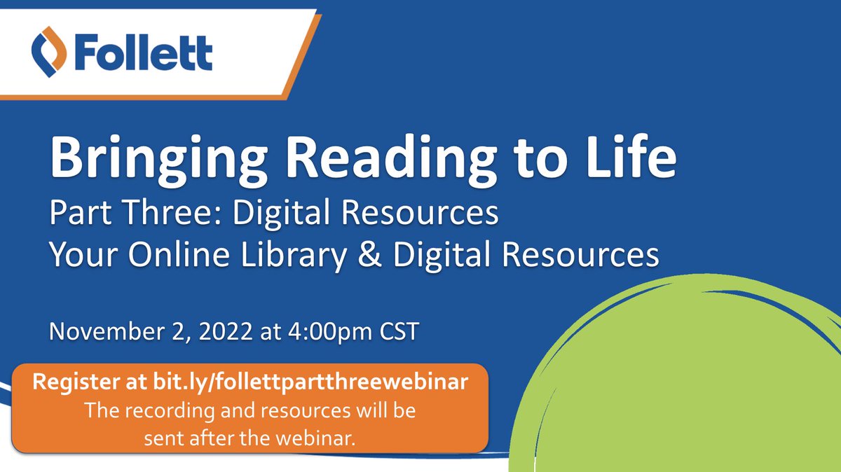 Join me TODAY for Part 3 of my @FollettLearning webinar series, Bringing Reading To Life. 📚 We will focus on digital resources & building your online library. 🖥️ Register here...recording sent after too. buff.ly/3f3NFeZ #tlchat #futurereadylibs #edchat