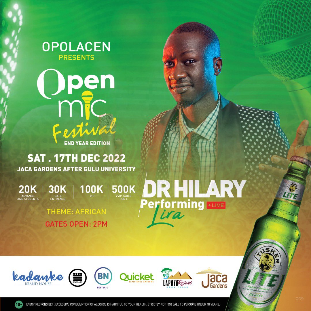 What is a festival without comedy? The best comedians meet the best music performers to give revellers the best experience. @DrHilaryOkello is bringing along a truckload of jokes to 𝗝𝗮𝗰𝗮 𝗚𝗮𝗿𝗱𝗲𝗻𝘀 for the #OpenMicFestivalUG on 17th Dec 🔥