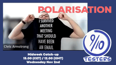 Bored at work? Need a break? Want to hear about why we get so polarised about certain topics in the wonderful world of testing?

Join <a href="/9outof10testers/">9 Out of 10 Testers</a> today at 12:00 GMT/13:00 CET (yes, that's in an hour from me posting this!) and hear us rant away

youtube.com/watch?v=4oKsBL…