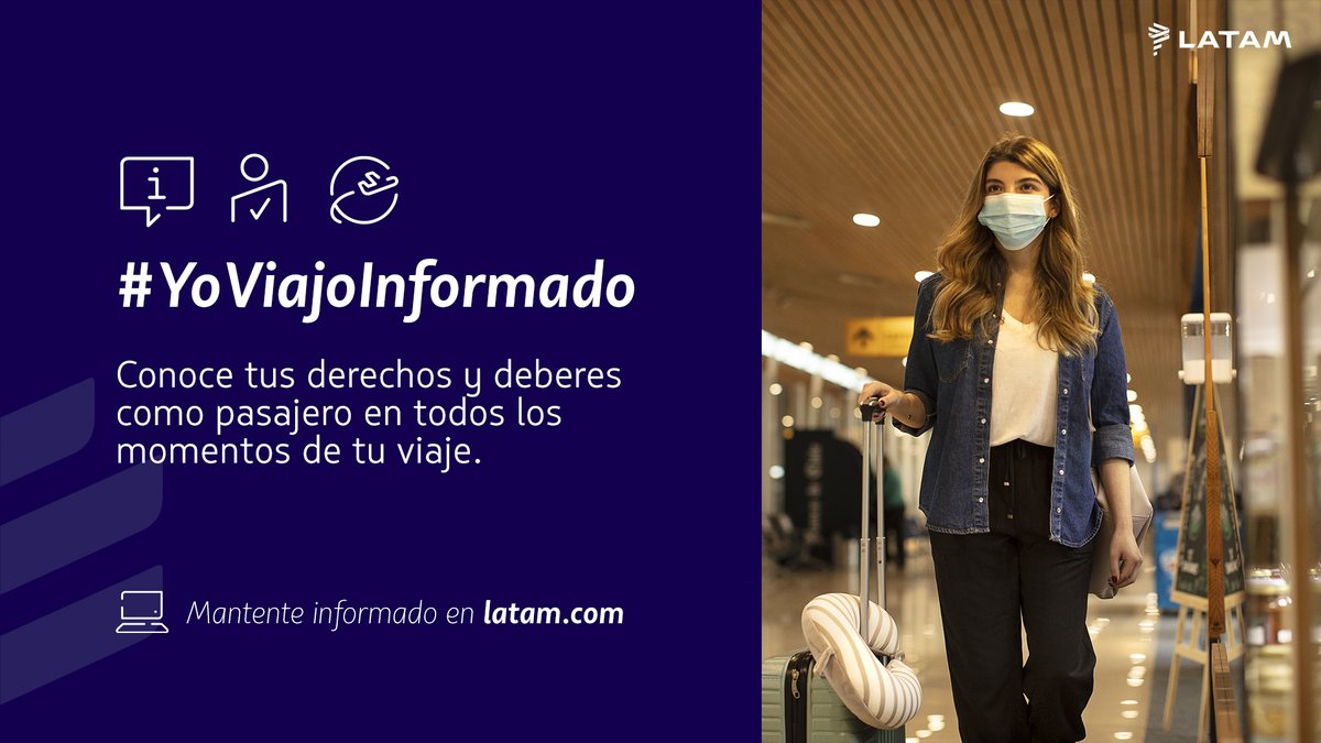 LATAM_CHI's tweet photo. ¿Conoces tus derechos y deberes como pasajero? Te invitamos a revisar el detalle de esta información en nuestro sitio web: https://t.co/2mQ6enlnJW #YoViajoInformado. ✈️ https://t.co/GYkmlecMhf