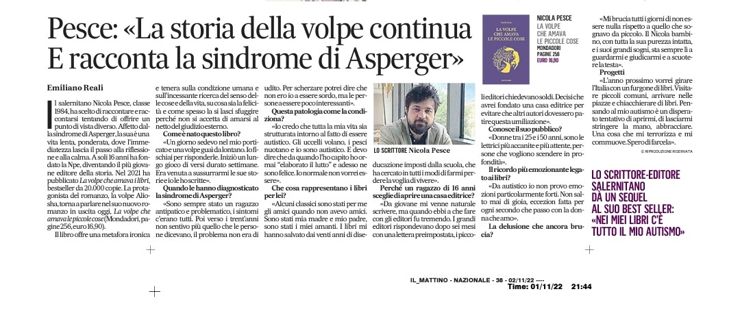 Oggi su Il Mattino intervisto <a href="/nicolapesce_/">Nicola Pesce</a> per l'uscita del suo nuovo libro con <a href="/Mondadori/">Mondadori</a> 

<a href="/CasaLettori/">Casa Lettori</a> <a href="/CasulaGiuliana/">Giuliana</a> <a href="/danisetta/">Danisetta Rocchi</a> <a href="/redne2013/">Ella 🇮🇹</a> <a href="/artdielle/">Arturo Dielle</a> <a href="/Nerys__/">Elisa_Rubertelli 📚</a> <a href="/lucy_esposito/">Lucia Esposito</a> <a href="/LuciaLibri/">LuciaLibri</a> <a href="/Matteo__BG/">Matteo Bugliaro ✏</a> <a href="/RoPecoraro/">Roberto Pecoraro</a> <a href="/letteratume/">Letteratume</a> <a href="/InchiostroSimp/">Inchiostro Simpatico</a> <a href="/booklovers_dv/">booklovers_dv</a> <a href="/spazioasperger/">Spazio Asperger</a>