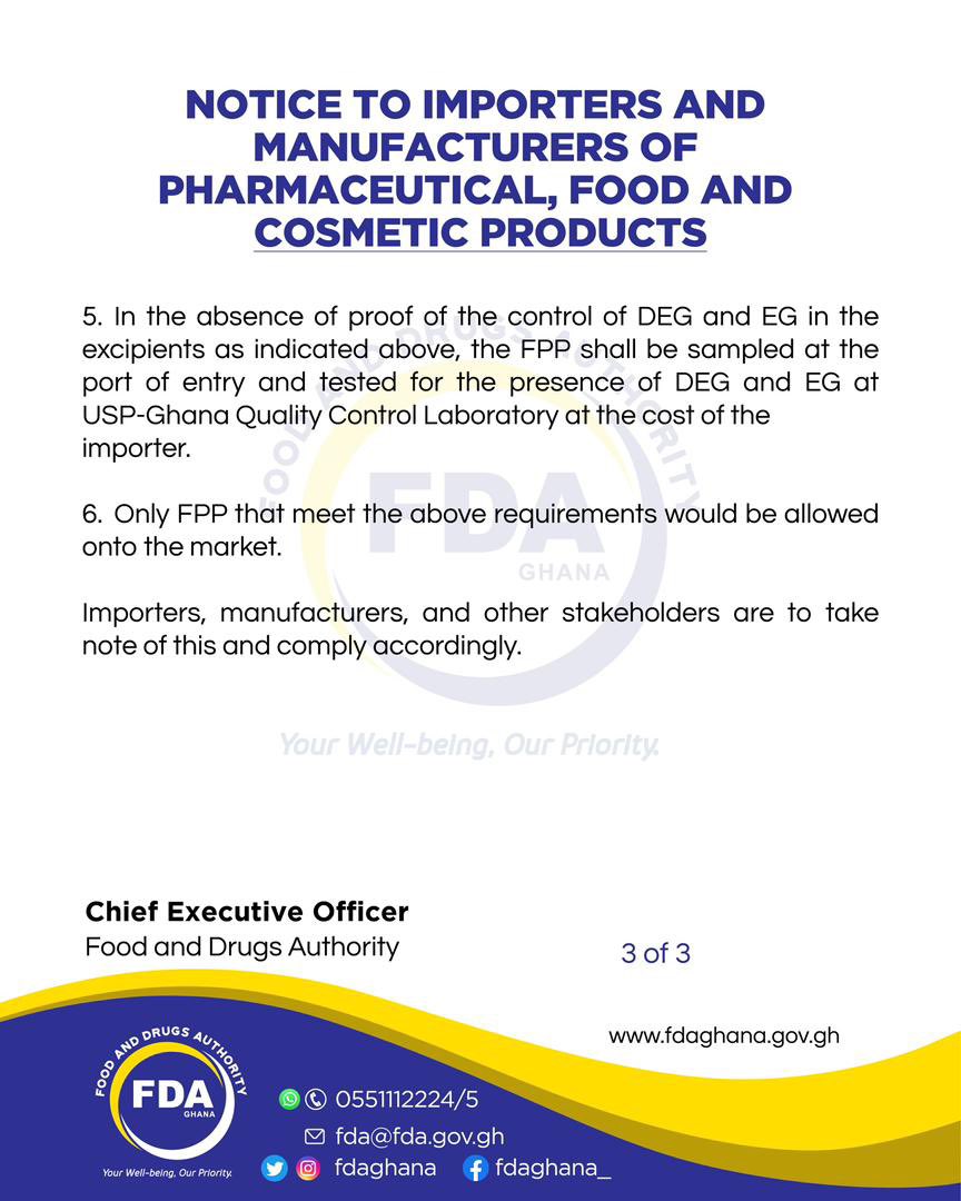 NOTICE TO IMPORTERS AND MANUFACTURERS OF PHARMACEUTICAL, FOOD AND COSMETIC PRODUCTS.