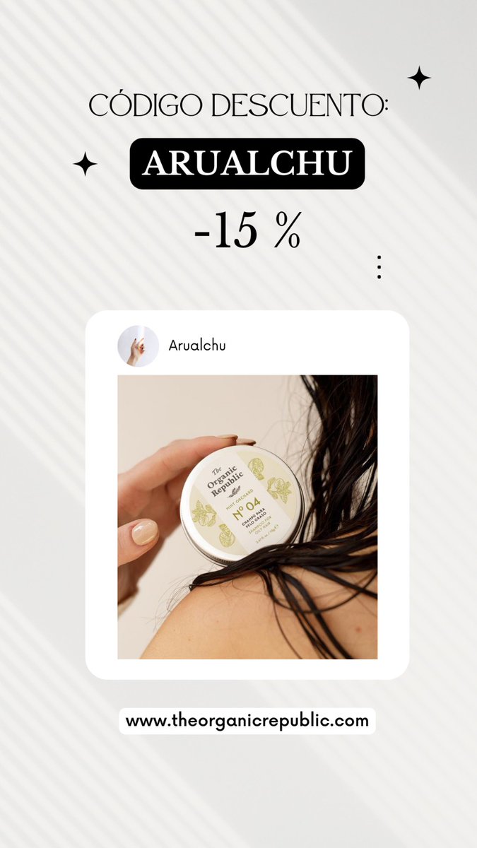 Por si a alguien le interesa.
Con el código "ARUALCHU" tenéis 15% de descuento en toda la web de The organic Republic.

Productos de cuidado corporal, facial y capilar veganos, cruelty free y hechos en España.

theorganicrepublic.com